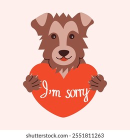 Cute dog holding heart with I'm sorry inscription. Vector illustration of apology concept, perfect for sticker, cards, design