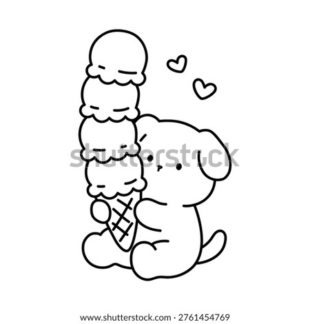 Cute Dog Holding Ice Cream Coloring Page for Kids and Adults. Summer Dessert Illustration. Coloring Page of a Cute Puppy Holding an Ice Cream. Clean Black and White Line Art with a Simple Outline, Easy to Color of Cute and Fun Summer Theme Animal Character and Summer Dessert. Cute Dog Enjoying a Sweet Ice Cream Coloring Page. 