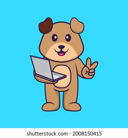 Cute dog holding laptop. Animal cartoon concept isolated. Can used for t-shirt, greeting card, invitation card or mascot.