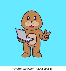 Cute dog holding laptop. Animal cartoon concept isolated. Can used for t-shirt, greeting card, invitation card or mascot.