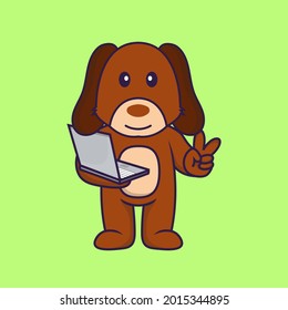 Cute dog holding laptop. Vector Illustration