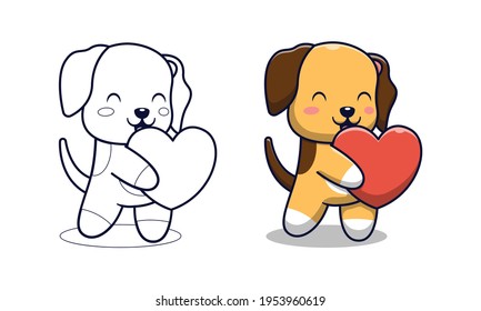 Cute dog holding love cartoon coloring pages for kids