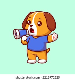 Perro Cute Holding Megaphone Cartoon Vector Ilustración Icono. Vector Premium Aislado De Icono De Tecnología Animal. Estilo de dibujo plano