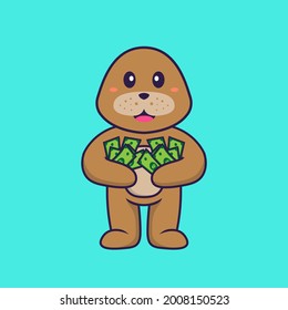 Cute dog holding money. Animal cartoon concept isolated. Can used for t-shirt, greeting card, invitation card or mascot.
