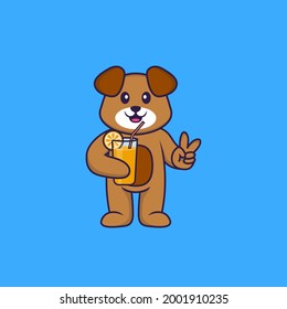Cute dog holding orange juice in glass. Animal cartoon concept isolated. Can used for t-shirt, greeting card, invitation card or mascot.