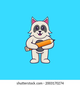 Cute dog holding a pencil. Animal cartoon concept isolated. Can used for t-shirt, greeting card, invitation card or mascot.