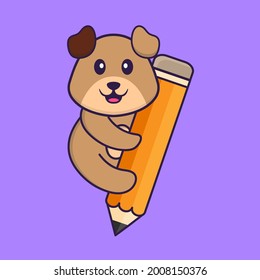 Cute dog holding a pencil. Animal cartoon concept isolated. Can used for t-shirt, greeting card, invitation card or mascot.