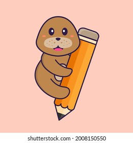 Cute dog holding a pencil. Animal cartoon concept isolated. Can used for t-shirt, greeting card, invitation card or mascot.