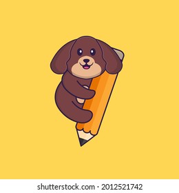 Cute dog holding a pencil. Animal cartoon concept isolated. Can used for t-shirt, greeting card, invitation card or mascot.