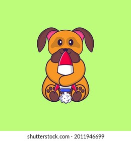 Cute dog holding a rocket. Animal cartoon concept isolated. Can used for t-shirt, greeting card, invitation card or mascot.