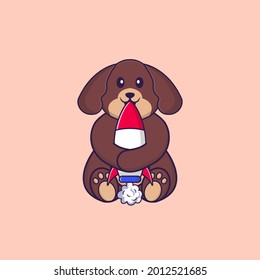 Cute dog holding a rocket. Animal cartoon concept isolated. Can used for t-shirt, greeting card, invitation card or mascot.