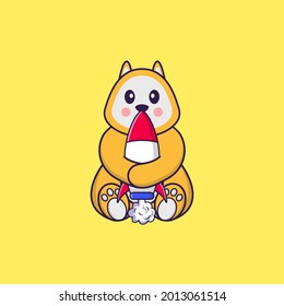 Cute dog holding a rocket. Animal cartoon concept isolated. Can used for t-shirt, greeting card, invitation card or mascot.