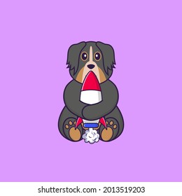 Cute dog holding a rocket. Animal cartoon concept isolated. Can used for t-shirt, greeting card, invitation card or mascot.