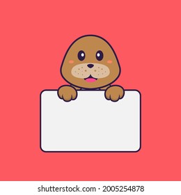 Cute dog holding whiteboard. Animal cartoon concept isolated. Can used for t-shirt, greeting card, invitation card or mascot.