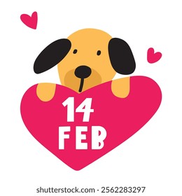 A cute dog holds a heart with inscription -  14 Feb. Black color. Valentine's Day design. Illustration.