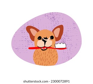 A cute dog holds a toothbrush in his teeth to care for the oral cavity. Oral hygiene for dogs of all breeds.  Dog dental visuals. Dental care images. Gum disease prevention.  Dental care. 