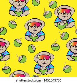 cute dog holiday summer time with  sunglasses and green coconut hand drawn seamless pattern cartoon , can be used for t-shirt print, kids wear fashion design, fabric, web, wallpaper