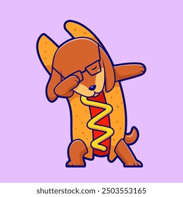 Cute Dog Hotdog Dabbing Cartoon Vector Icon Illustration. Animal Food Icon Concept Isolated Premium Vector. Flat Cartoon Style