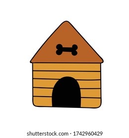 Casa de perros con hueso. Dibujo manual de vectores sobre fondo blanco.