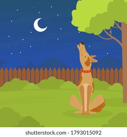 Cute Dog Howling At The Moon At Night, Pet Animal Sitting On Green Lawn In Backyard Flat Vector Illustration