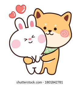 Cute dog hug rabbit.Animal character design.Cartoon.Kawaii.Illustration.Vector.