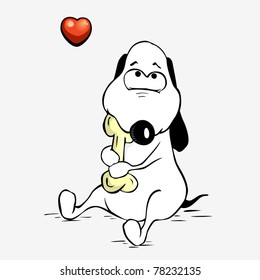 Cute dog hugs a bone