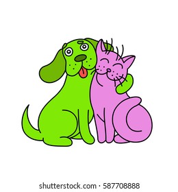 cute dog hugs cat. vector illustration.