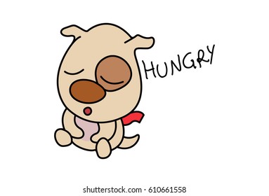Cute Dog Hungry. Vector Illustration. Isolated on white background.
