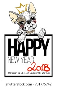 Cute dog illustration with crown. Happy chinese new year greeting card concept. French bulldog puppy in watercolor style  isolated on white background