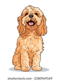 Cute dog illustration happy fluffy puppy sitting brown fur cheerful expression simple background cartoon style pet design