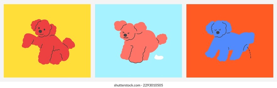 Cute dog illustration set. Puppy doing various actions on a white background. ball and pet.