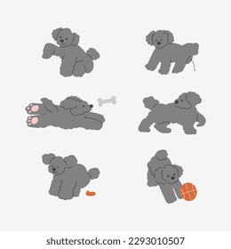 Cute dog illustration set. Puppy doing various actions on a white background. ball and pet.