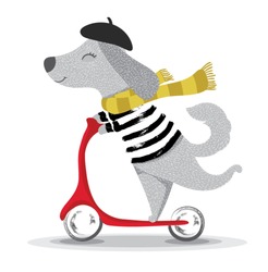 Cute Dog Illustration.Cartoon Character With A Scooter.