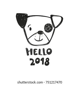 Cute dog and inscription hello 2018, new year card, black and white