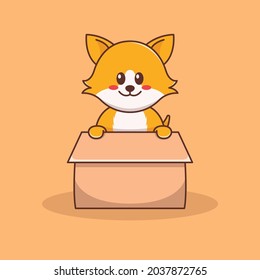 Cute Dog Inside Box Illustration In Flat Design