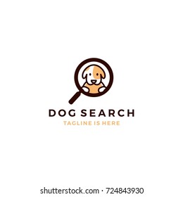 cute dog inside magnifier glass searching icon logo template vector illustration