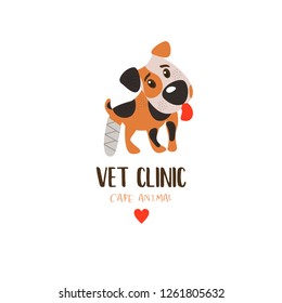 Cute dog Jack Russell Terrier with a broken paw. Veterinary care. Logo, vector illustration for veterinary clinic.