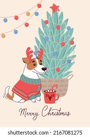 Cute dog Jack Russell Terrier on christmas card. Vector greeting card in flat style.