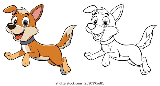 Cute Dog Jumping Coloring Pages For Kids. Dog Cartoon Smile Coloring Book Printable. Cute Dog Jumping Cartoon Illustration Vector Design On White Background