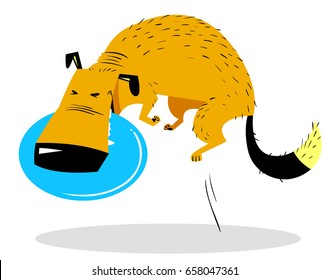 Cute dog jumping with disk. Dog sport. Cartoon pet. Pet catching a toy-disk in the air. Vector illustration