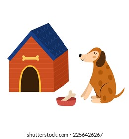 Cute dog and a kennel in cartoon style. Funny pet sitting near a doghouse with dish for meal. Vector illustration