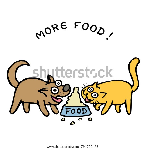 Cute dog Kik and cat Tik divide food from one\
bowl. Vector illustration. Best friends. Together forever. Cartoon\
pets characters.