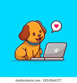 Cute Dog With Laptop Cartoon Vector Icon Illustration. Animal Technology Icon Concept Isolated Premium Vector. Flat Cartoon Style