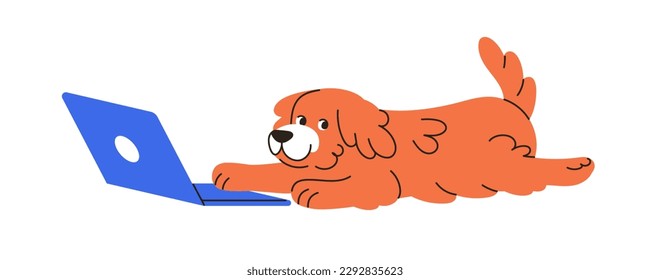 Cute dog at laptop. Funny puppy in internet, online at notebook computer. Amusing happy doggy, PC user. Canine animal, pup using technology. Flat vector illustration isolated on white background - Shutterstock ID 2292835623