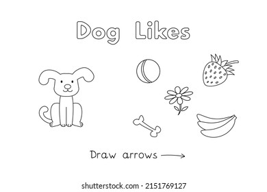 Cute-Hund-Lernen Spiel für kleine Kinder - Farbe und ziehen Pfeile. Vektorfarbige Buchseiten für Kinder. Englisch lernen