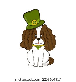 Cute dog in leprechaun hat and shamrock for St Patrick`s Day in cartooon style isolated on white background, design element for greeting cards or invitations