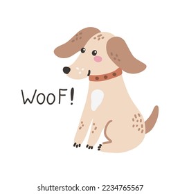 Cute dog with lettering Woof. Vector hand drawn illustration, children s print for postcards, posters, t-shirt