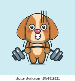 Cute dog lifting barbell cartoon illustration