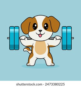 Cute Dog Lifting Barbell. Funny cartoon Dogs. Illustration Animal Sport Isolated Flat Vector.