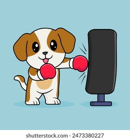 Cute Dog Lifting Barbell. Funny cartoon Dogs. Illustration Animal Sport Isolated Flat Vector.